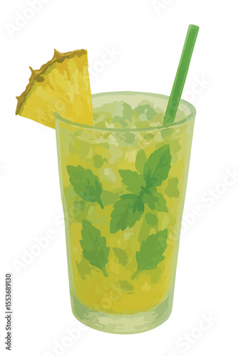 Watercolor vector illustration of Pineapple Mojito cocktail. Isolated on white background.