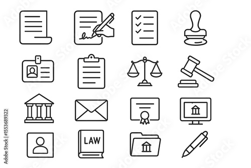 Legal icon set: documents, scales, gavel, certificate, id, pen, law book