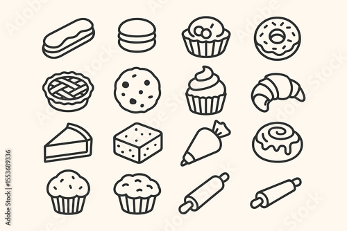 Collection of various outline bakery icons including cupcake, croissant, and donut