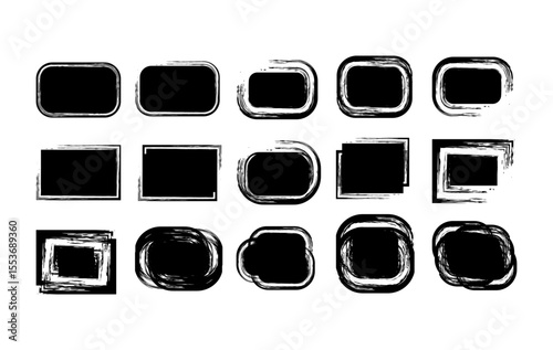 A collection of abstract frame elements featuring hand drawn, grungy brush strokes in both rectangular and rounded formats , for app buttons, posters, and modern web layouts