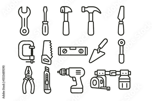 Hand tools icons: hammer, screwdriver, wrench, drill, saw on brown background