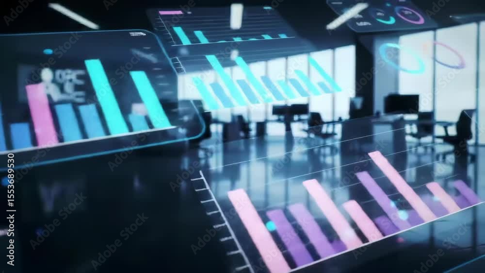 Data visualization graphs overlap a bright corporate meeting room suggesting business insights