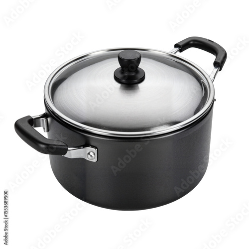 Black cooking pot with stainless steel lid on white background  