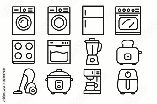 Minimalist line icons of home appliances including washer and blender