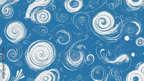 Seamless blue and white scribbles background.Seamless Floral background. Lilac and white isolated flowers and leaves on blue background. Vector.