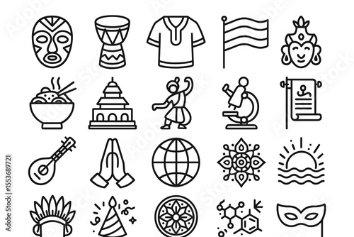 Outline icons of cultural symbols including masks, instruments, and traditional attire