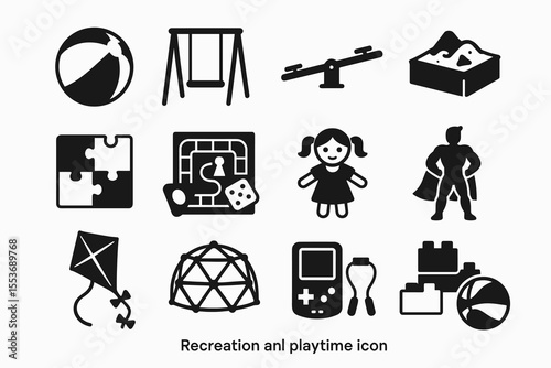 Playground and game icons: swings, sandbox, puzzle, kite, game console
