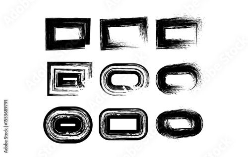 A set of hand drawn grunge brush frames in both rectangular and rounded styles. Perfect for edgy graphic design, text highlights, or poster layouts