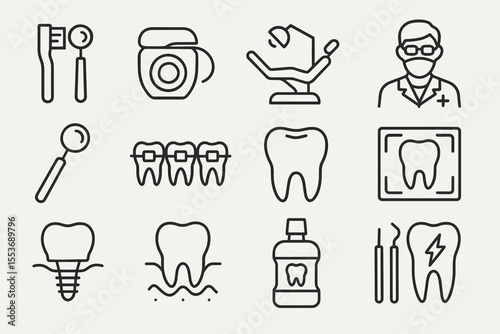 Dental care icons: toothbrush, toothpaste, dentist, dental tools, implant