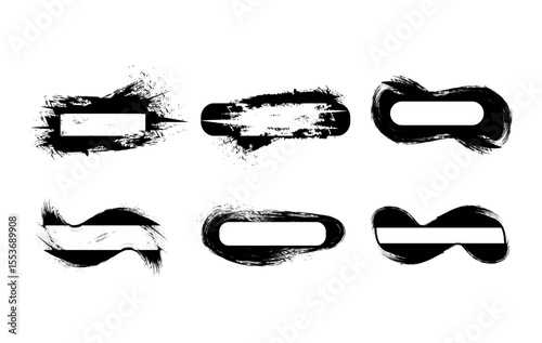 set of abstract grunge brush stroke frames, including rectangular, rounded, oval, wavy, and butterfly inspired shapes, expressive ink splatter textures and distressed paint effects, for modern design