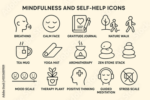Mindfulness and self-help icons for well-being and relaxation activities