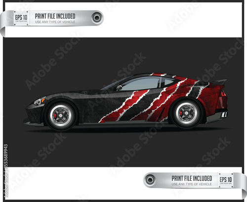 Black Sports Car with Red and White Graphic Wrap Design
