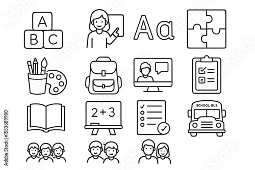 Educational icons: female teacher, backpack, school bus, student learning tools