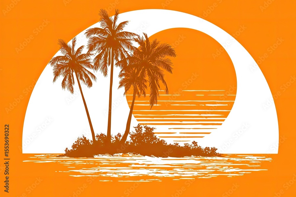 Obraz premium Tropical island scene at sunset, rendered in silhouette.