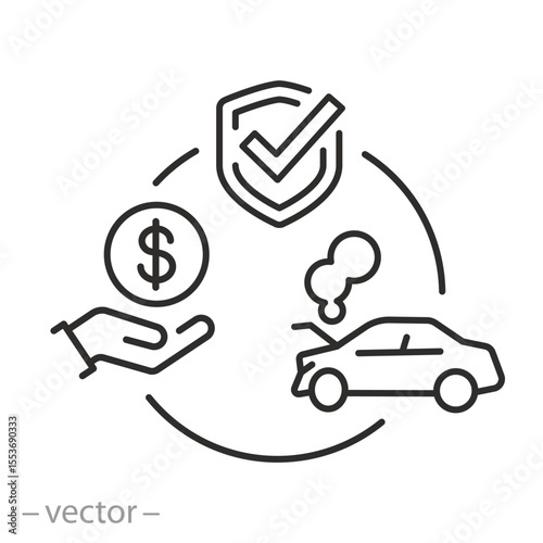icon of compensation for destroyed property, transport insurance,  security car, protection of auto, damaged car, thin line symbol on white background - editable stroke vector illustration eps10