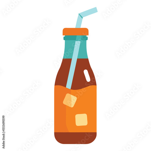 Isolated orange juice bottle with ice and straw on white background