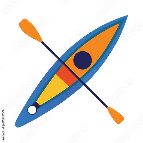 Orange and blue kayak with paddles isolated on white background