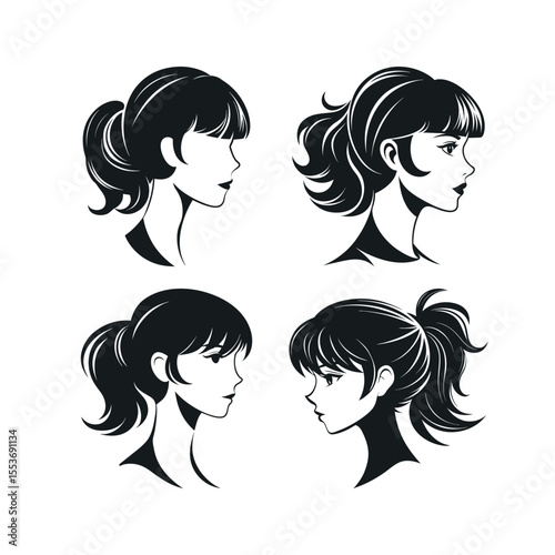 Silhouette vector set of woman with bangs hairstyle