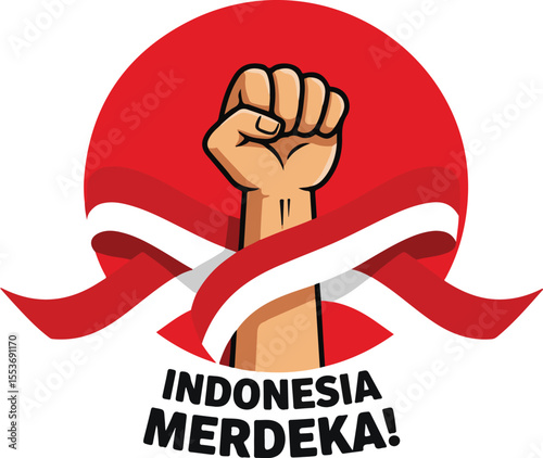 Raised fist over red circle and ribbon