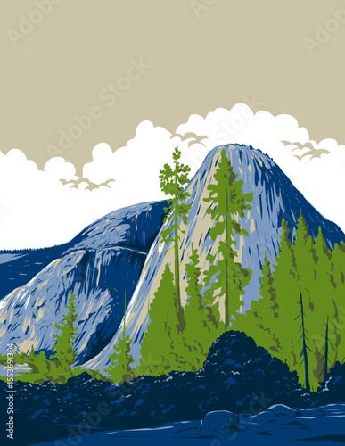 WPA poster art of Liberty Cap, Mount Broderick and Half Dome in Little Yosemite Valley on John Muir Trail in Yosemite National Park done in works project administration or federal art project style.