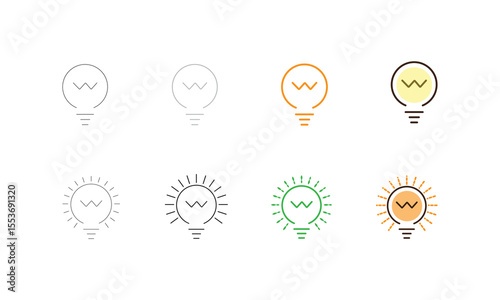 Collection of stylized light bulb icons with a zigzag filament in various colors and styles