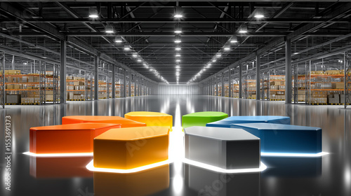 Modern Warehouse with Vibrant Pie Chart: An expansive modern warehouse showcases a dynamic composition featuring a vivid, illuminated pie chart at its center.