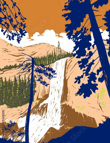 WPA poster art of Vernal Fall, a waterfall on the Merced River in Yosemite National Park, California USA viewed along the Mist Trail  done in works project administration or federal art project style.