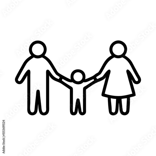 Minimalist black outline vector icon of a family holding hands, symbolizing love, unity, togetherness, and parental care. Clean design on a transparent background