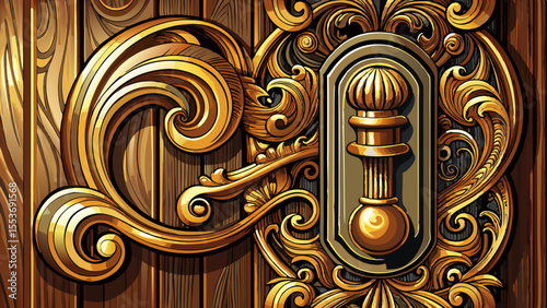 Close up Elegant brass door handle with intricate curves on rich dark brown wooden surface featuring ample copy space for personalized text white background