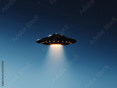 Celestial Enigma: A captivating depiction of a classic UFO hovers silently against the night sky, bathed in ethereal light, sparking curiosity.
