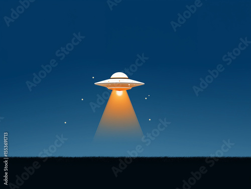 UFO at Night: An unidentified flying object hovers silently, projecting a bright beam of light, set against a night. Eerie and mysterious, this stock captures the enigma of the unknown.
