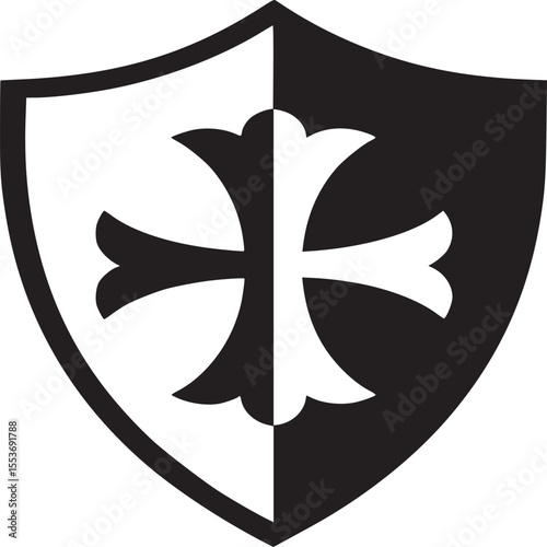 Heraldic shield with cross design medieval knight emblem black and white vector illustration art graphic on transparent background silhouette