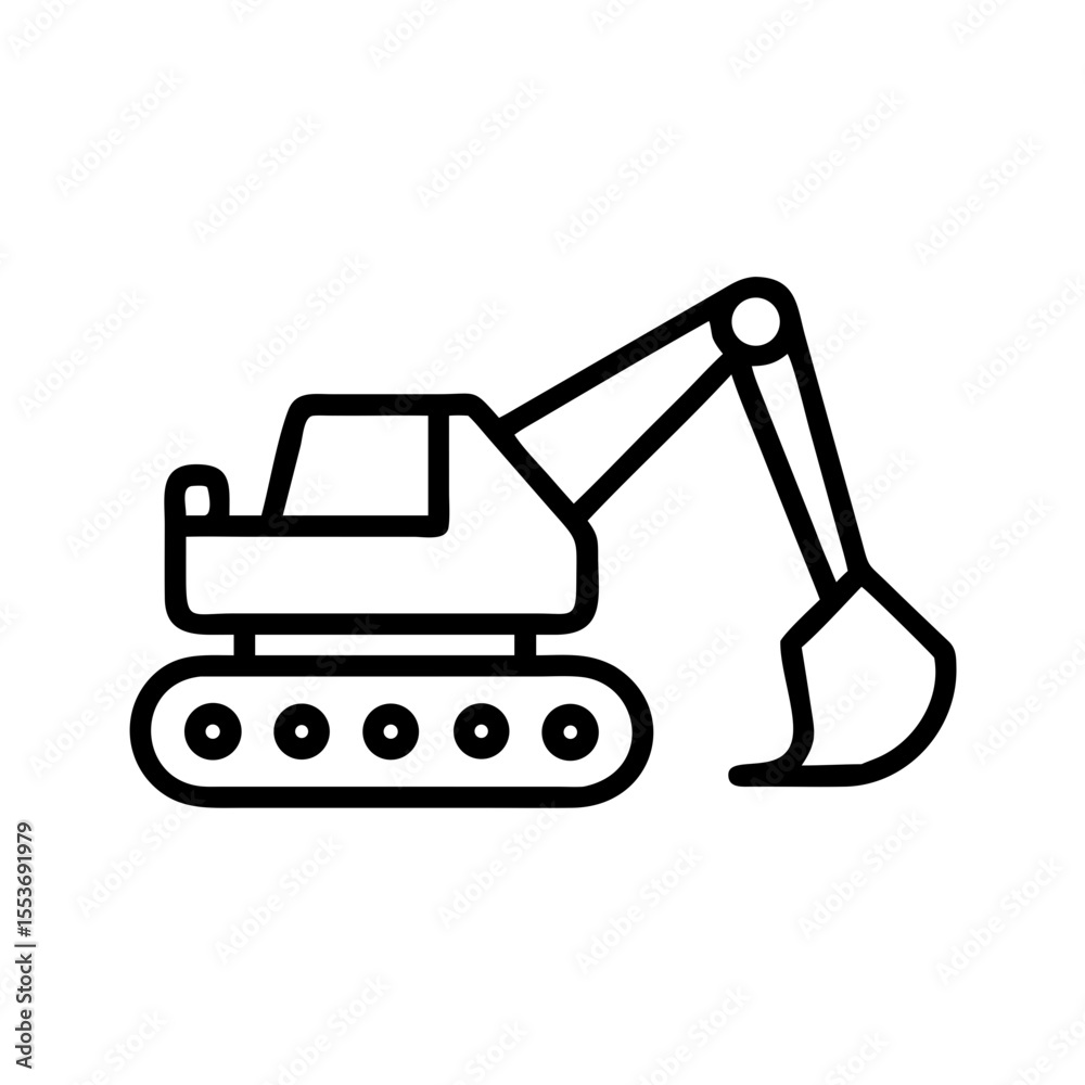 Naklejka premium Minimalist black outline vector icon of an excavator, symbolizing construction, heavy machinery, digging, and industrial work. Clean design on a transparent background
