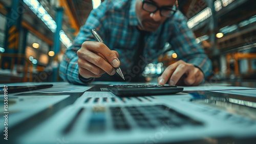 Engineer or analyst in industrial setting working with financial charts and calculator. Close-up on hands making calculations, focused on planning, budgeting, or performance analysis.