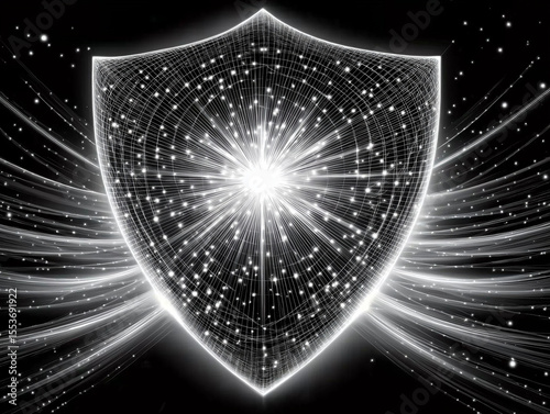 Cybersecurity Shield: A digital shield pulses with energy, embodying the essence of protection in the realm of cyberspace, as a metaphor for the constant vigilance and defense against digital threats.