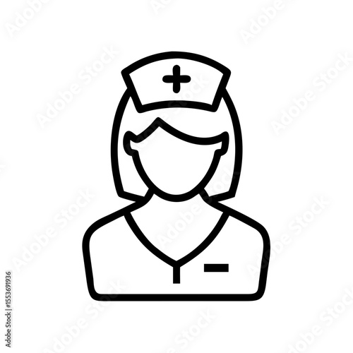 Minimalist black outline vector icon of a nurse wearing a medical cap with a cross, symbolizing healthcare, medical assistance, and nursing care. Clean design on a transparent background