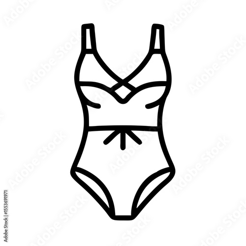 Minimalist black outline vector icon of a women's swimsuit, symbolizing summer, beachwear, swimming, vacation and weekend