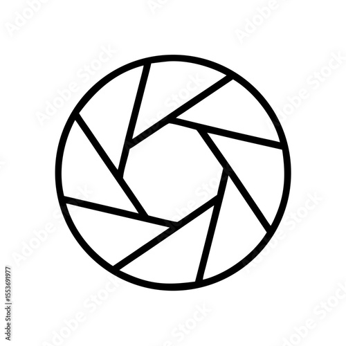 Minimalist black outline vector icon of a camera shutter, symbolizing photography, focus, capturing moments, and visual media. Clean design on a transparent background
