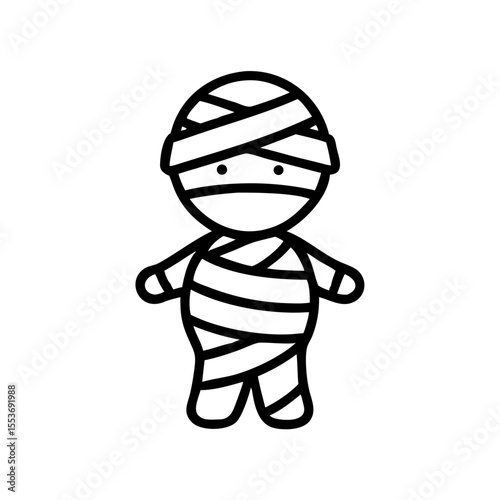 Minimalist black outline vector icon of a cute mummy wrapped in bandages. Clean design on a transparent background.