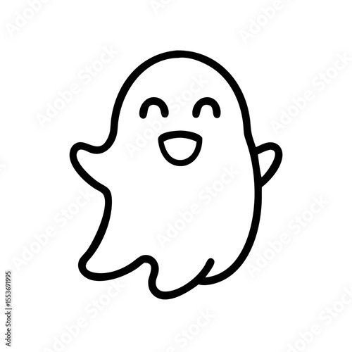 Minimalist black outline vector icon of a cute ghost, symbolizing Halloween, fun spookiness, and festive spirit