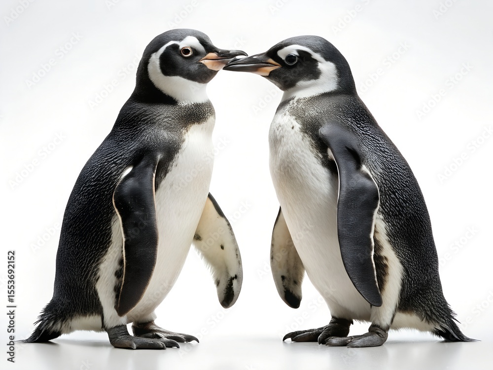 Naklejka premium Two adorable penguins face each other, isolated on white background