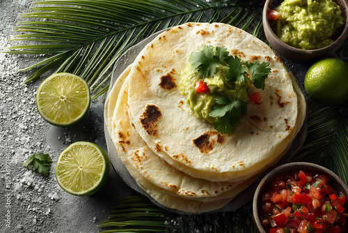 overhead view of freshly cooked tortillas topped with guacamole and cilantro surrounded by limes salsa and tropical leaves perfect for mexican cuisine food styling or menu design concepts