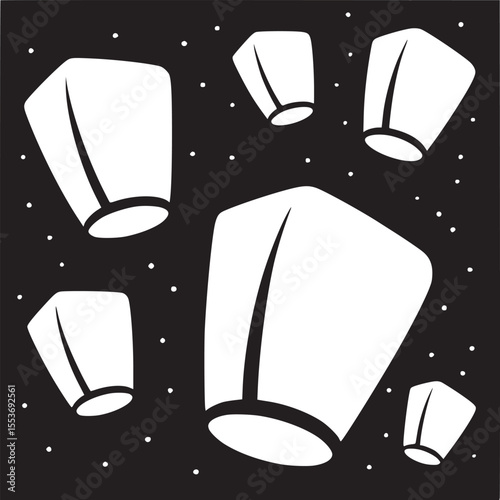 Floating lanterns in the night sky black and white illustration chinese lanterns sky lanterns wish lanterns on transparent background silhouette