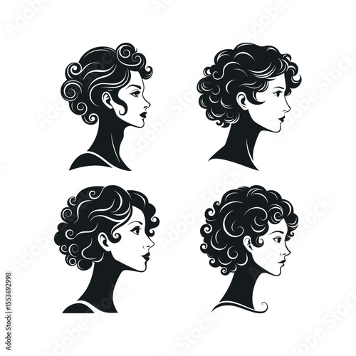 Silhouette vector set of woman with tight curls hairstyle