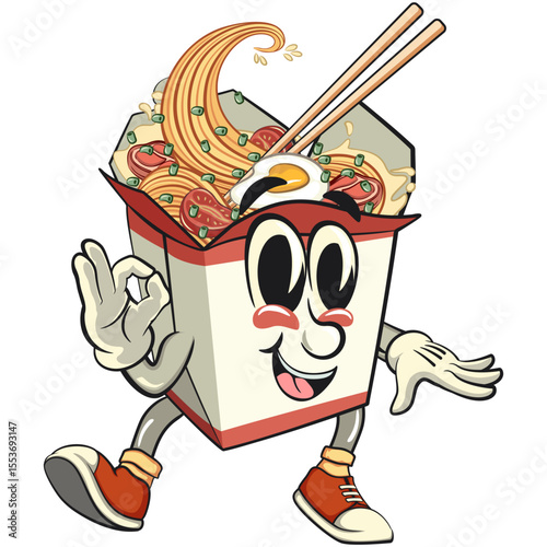 cute chinese noodles box mascot cartoon vector dancing while giving the okay sign, kawaii ramen takeout character with chopsticks, isolated food illustration asian cuisine design, work of hand drawn