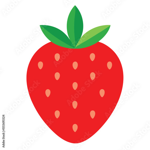 A ripe red strawberry with green leaves is isolated on white background