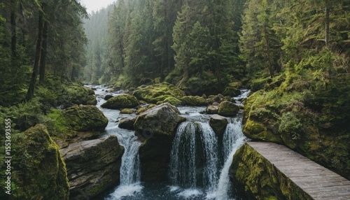 Moss covered rocks and cascading water in a lush forest with wooden path