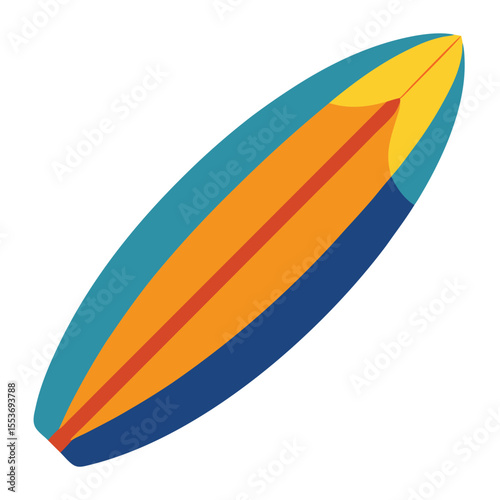 A surfboard with blue and yellow design is isolated on white background