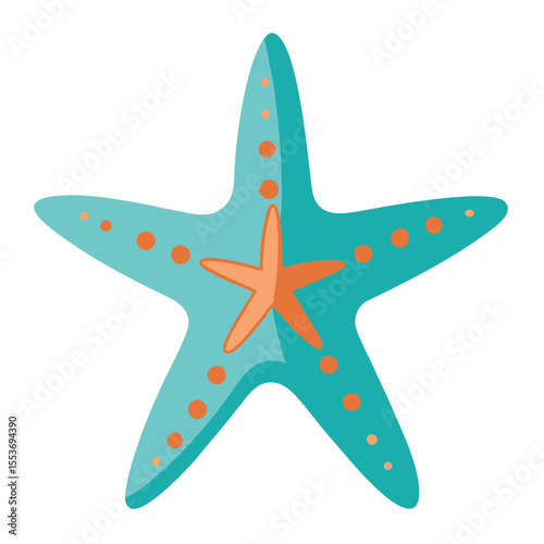 A teal starfish with orange center is isolated on white background