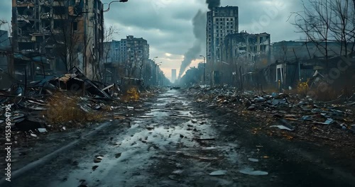 Drone footage captures a destroyed city with ruined buildings and debris-filled streets.